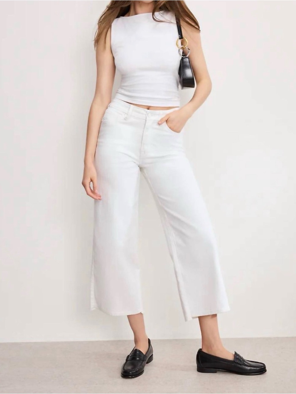 Good American NWT White Good Waist Cropped Palazzo Wide Leg Jeans Sz 14 / 32